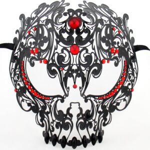 Laser Cut Rhinestone Metal Skull Mask - Black/Red