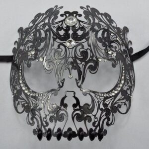 Laser Cut Rhinestone Metal Skull Mask - Black/Clear